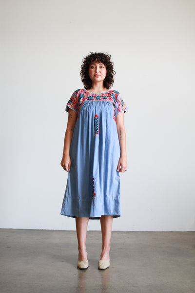 1970s Mexican Embroidered Periwinkle Cotton Dress