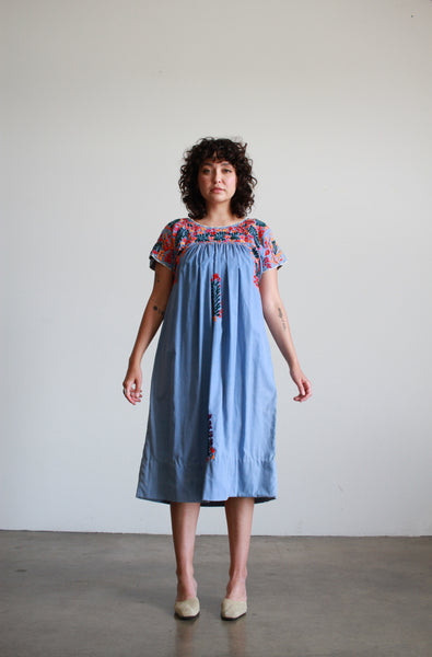 1970s Mexican Embroidered Periwinkle Cotton Dress