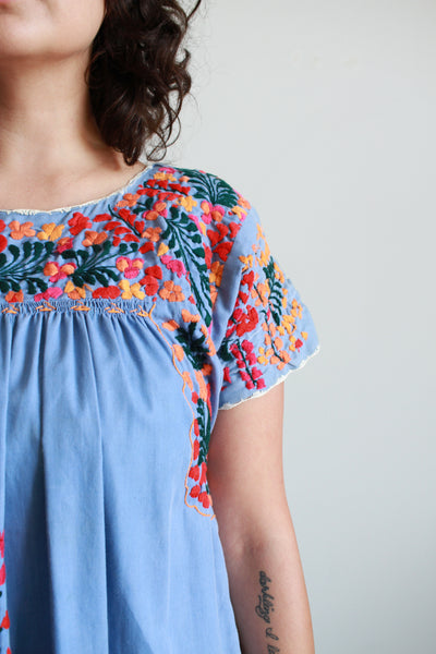 1970s Mexican Embroidered Periwinkle Cotton Dress