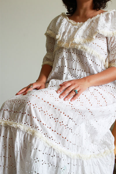 1970s White Eyelet Cotton Empire Waist Dress