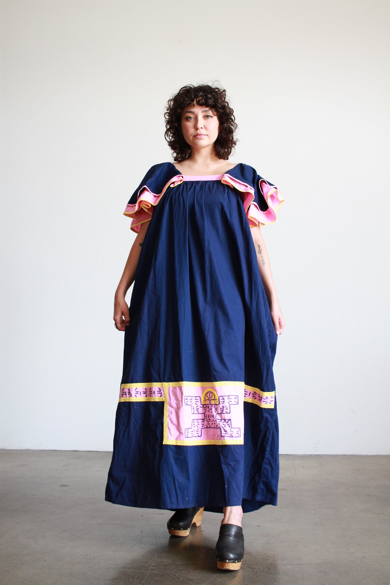 1970s Navy Cotton Aztec Embroidered Maxi Dress