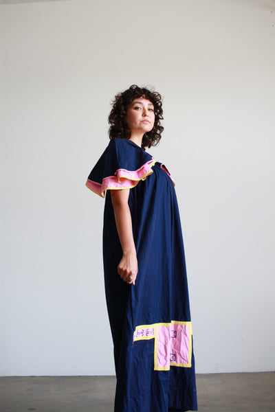 1970s Navy Cotton Aztec Embroidered Maxi Dress