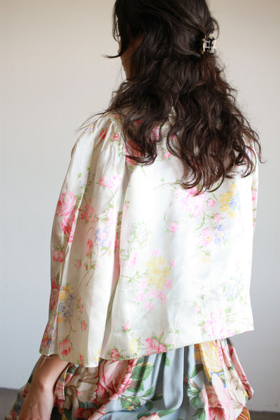 1940s Mint Satin Floral Print Bed Jacket
