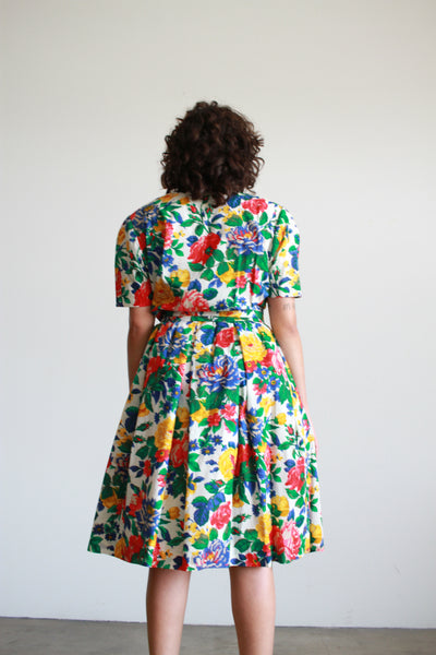 1980s Albert Nipon Gardenia Print Midi Dress