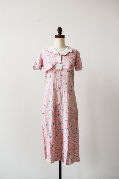 1930s Pink Feedsack Floral Motif Print Day Dress