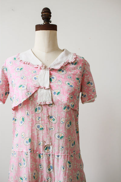 1930s Pink Feedsack Floral Motif Print Day Dress