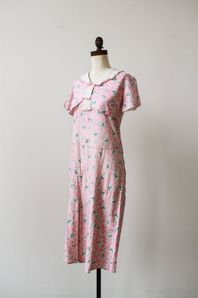 1930s Pink Feedsack Floral Motif Print Day Dress