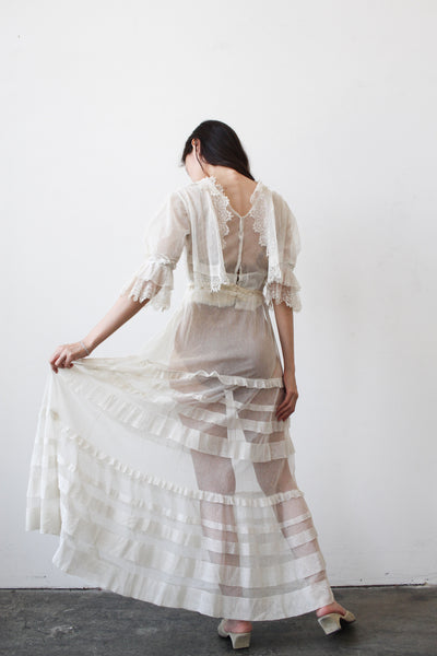 Edwardian Ecru Net Lace Sheer Ruffled Lawn Dress