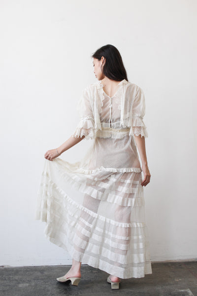 Edwardian Ecru Net Lace Sheer Ruffled Lawn Dress