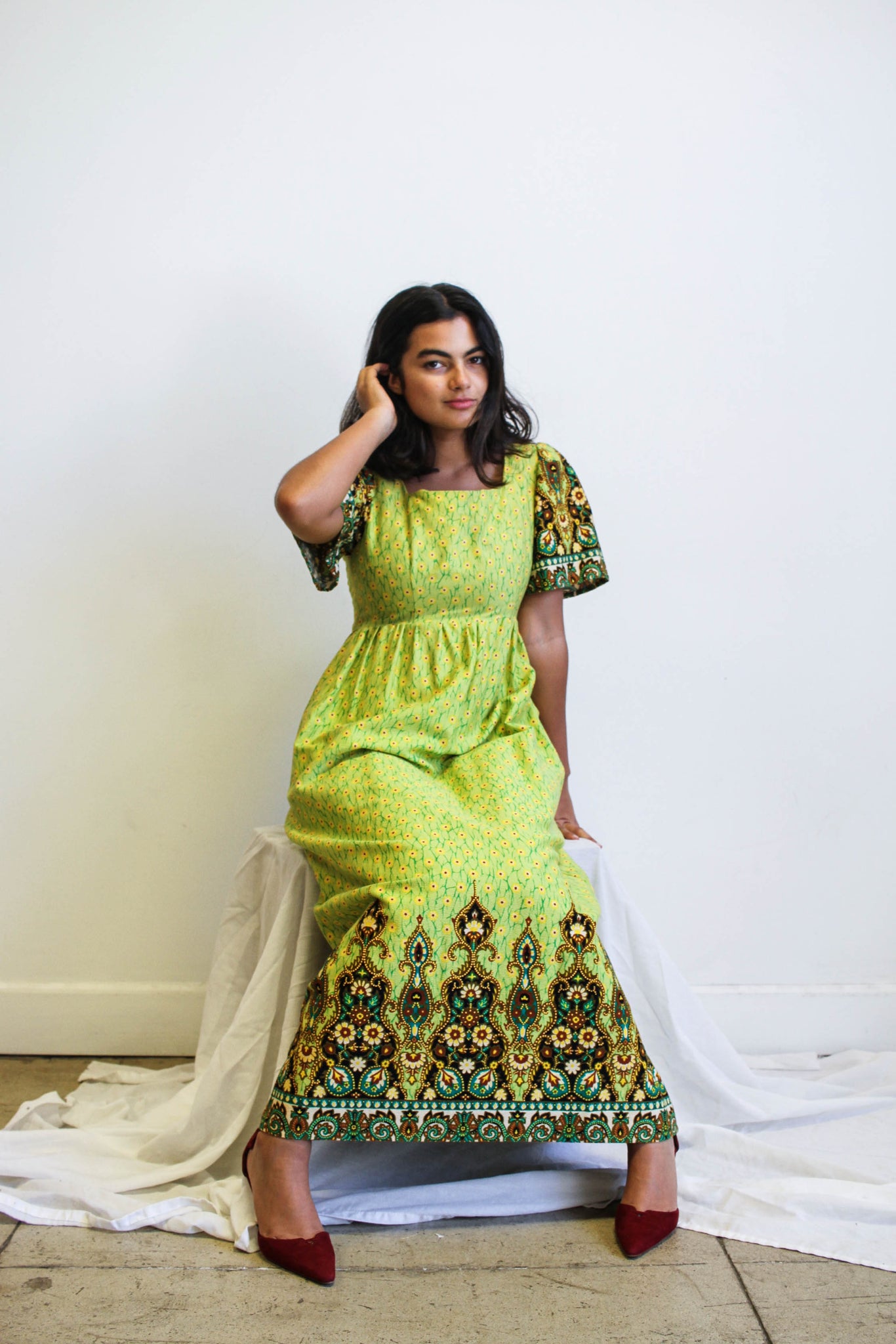 1970s Mixed Print Chartreuse Maxi Dress