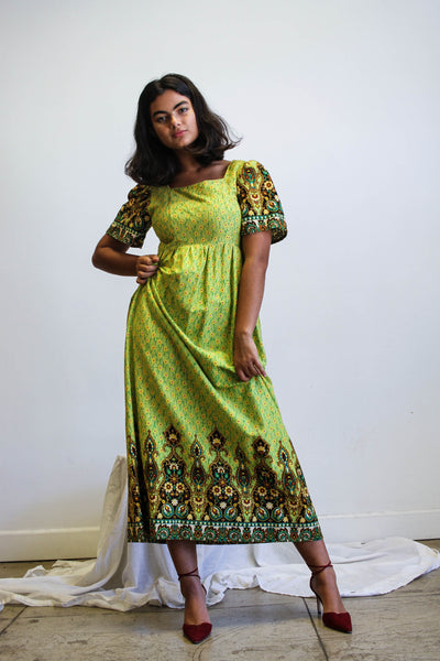 1970s Mixed Print Chartreuse Maxi Dress