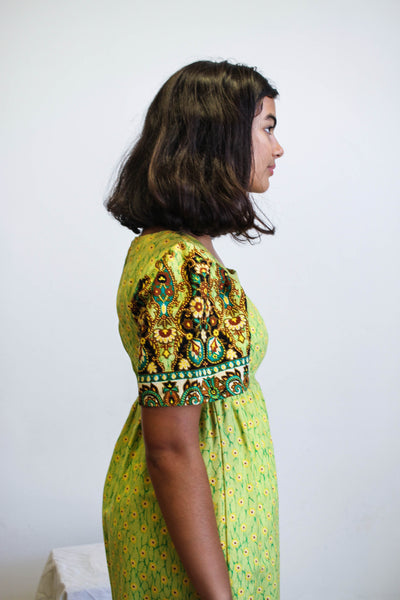 1970s Mixed Print Chartreuse Maxi Dress