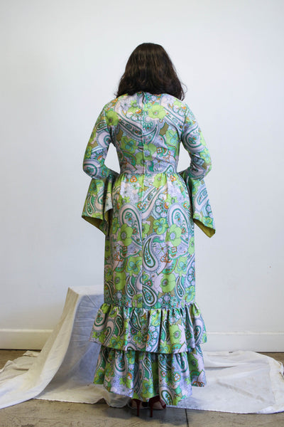 1960s Psychedelic Floral Print Tiered Gown
