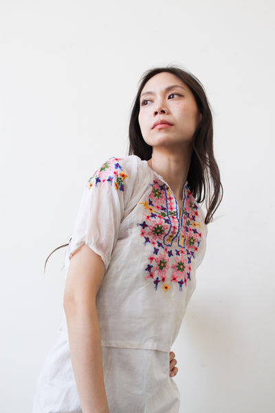 1970s Embroidered Semi-Sheer Peasant Blouse