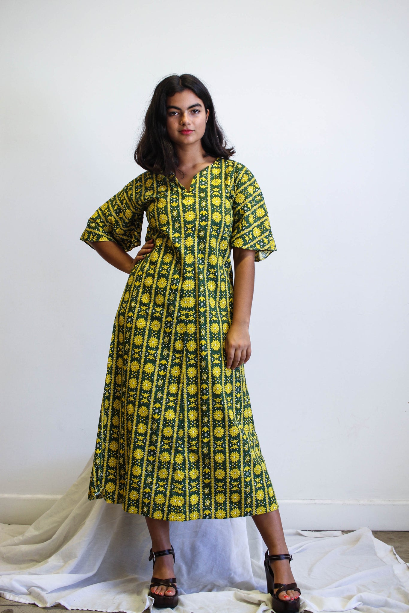 1960s Sunflower Hippy Print Cotton Dress