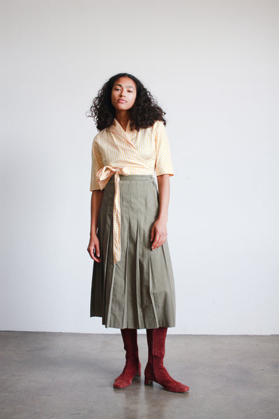 1990s Ralph Lauren Beige Green Pleated Midi Skirt