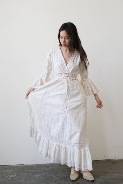 1970s Cream Mixed Crochet Cotton Maxi Dress