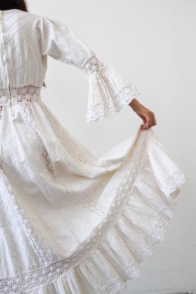 1970s Cream Mixed Crochet Cotton Maxi Dress