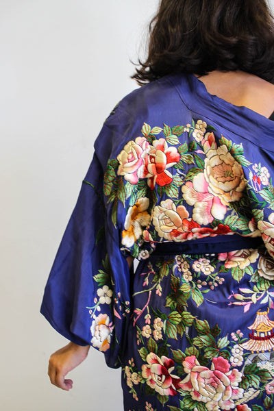 1930s Rayon Blue Heavy Embroidered Kimono