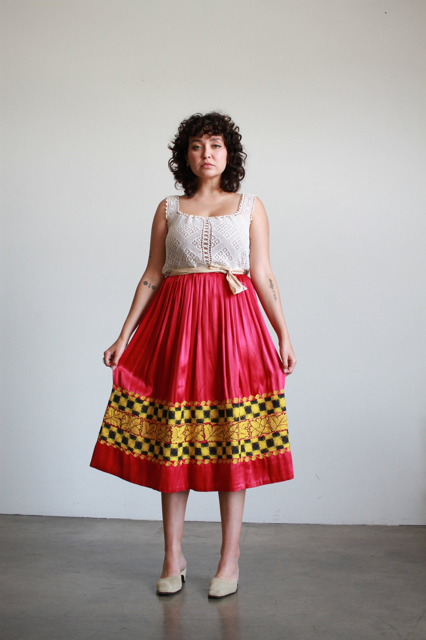 Antique Fuchsia Satin Embroidered Wrap Skirt