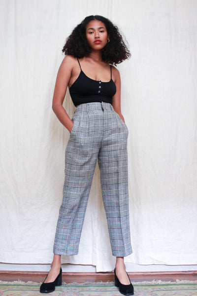 1980s Houndstooth Plaid Linen Trousers