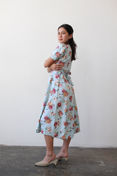 1940s Aquamarine Floral Cotton Zip Dress