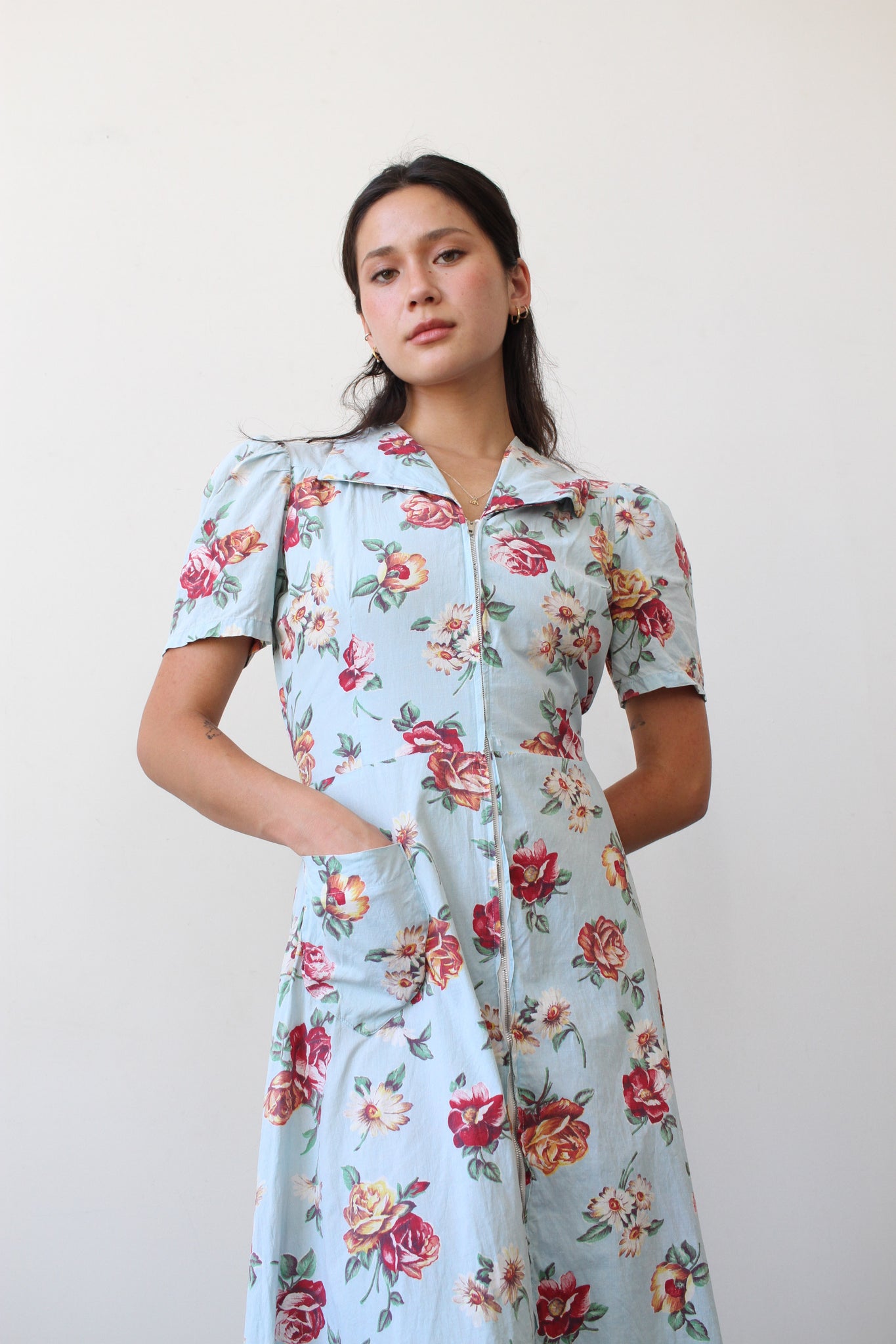 1940s Aquamarine Floral Cotton Zip Dress