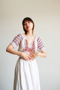 1930s Hungarian Cotton Viole Embroidered Crochet Peasant Blouse