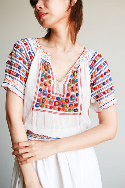 1930s Hungarian Cotton Viole Embroidered Crochet Peasant Blouse