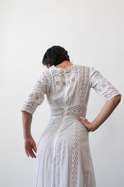 Edwardian White Cotton Floral Embroidered Lawn Dress
