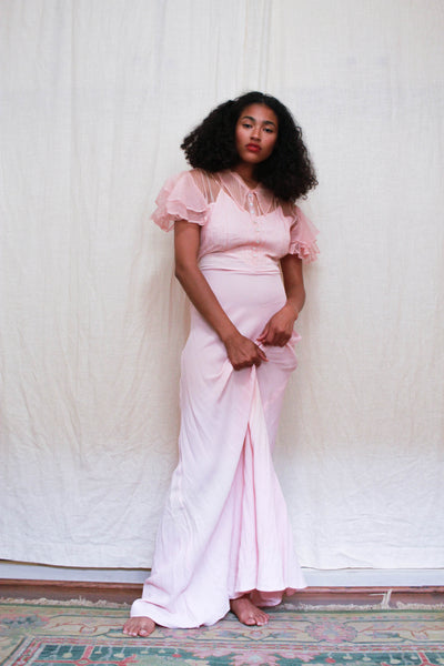 1940s Baby Pink Rayon Mesh Gown
