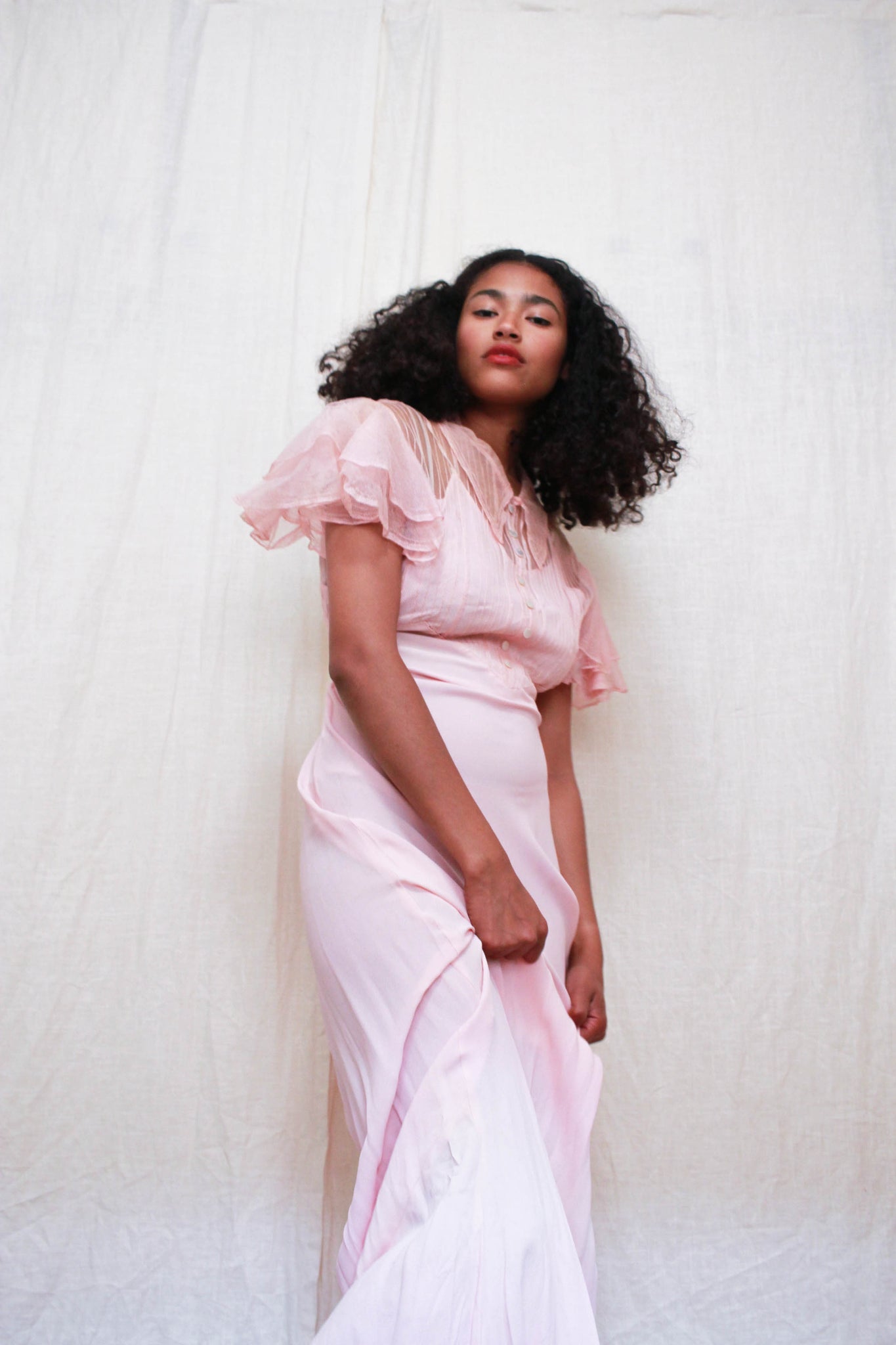 1940s Baby Pink Rayon Mesh Gown