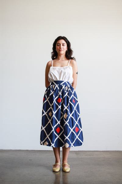 1970s Navy Grid Stitched Midi Skirt