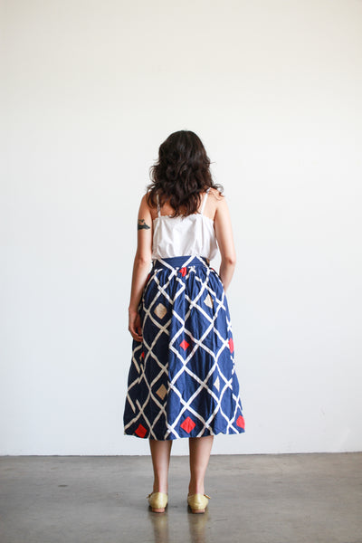 1970s Navy Grid Stitched Midi Skirt