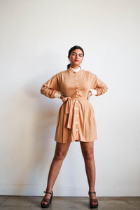 1960s Beige Peach Long Sleeve Button Up Mini Dress