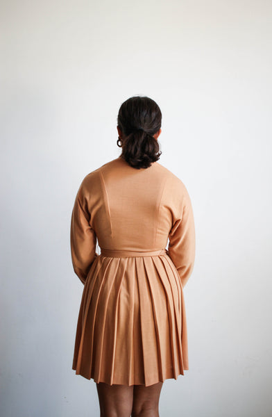 1960s Beige Peach Long Sleeve Button Up Mini Dress