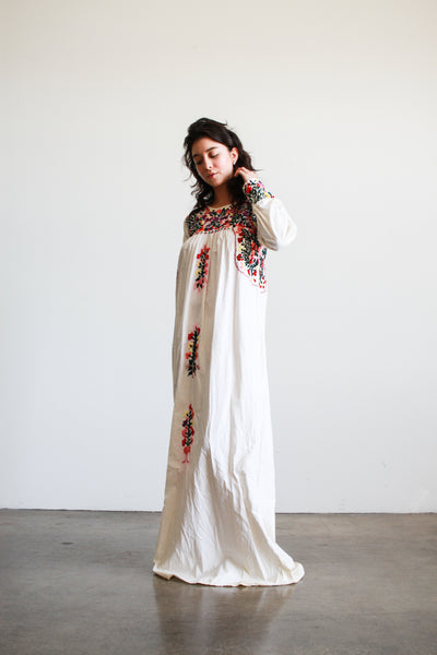 1970s White Mexican Embroidered Long Sleeve Dress