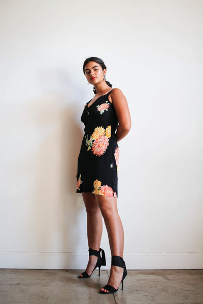 1990s Rayon Chrysanthemum Bias Mini Dress