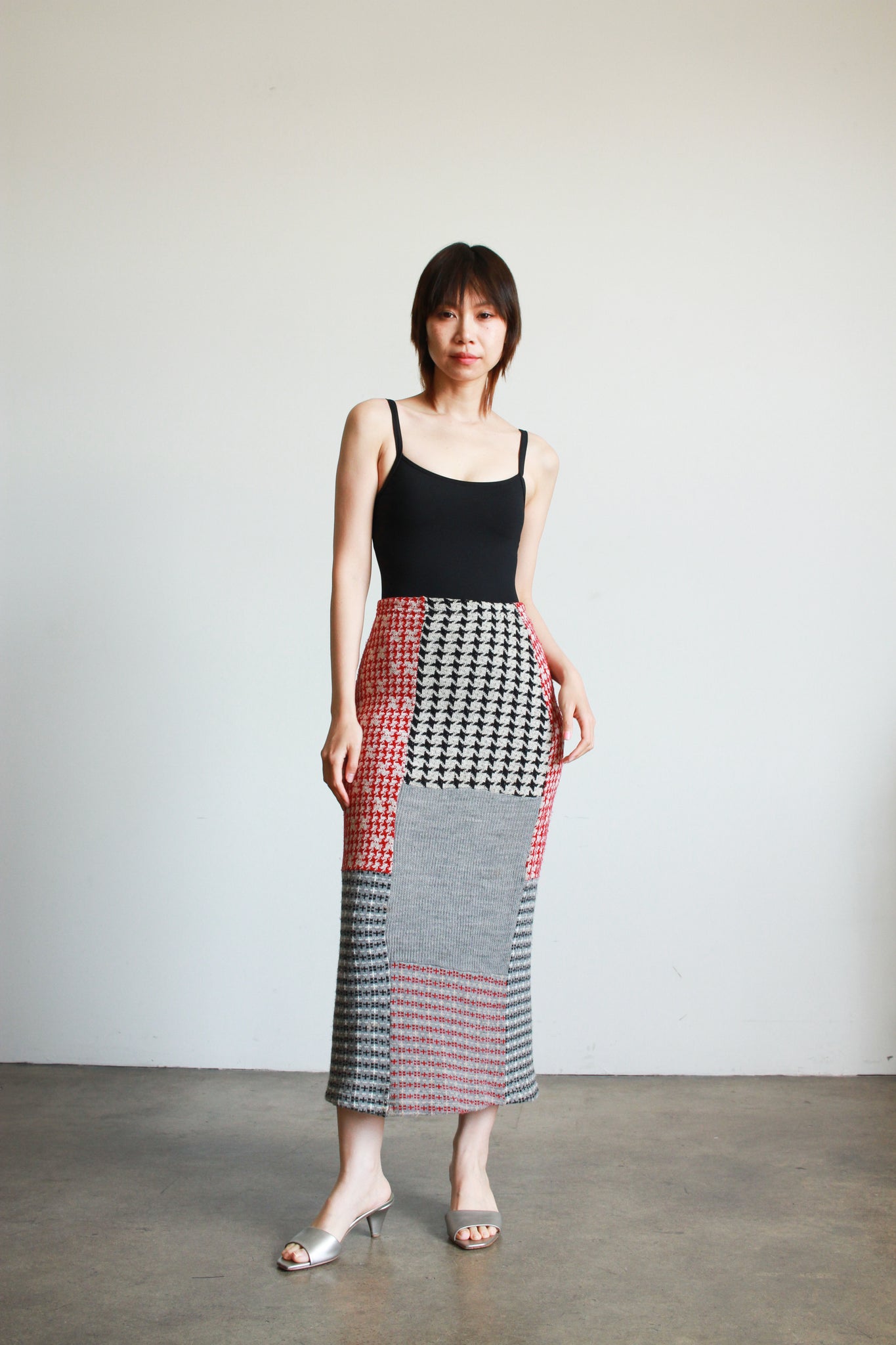 1990s Patchwork Houndstooth Knit Wiggle Skirt