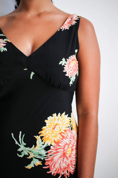 1990s Rayon Chrysanthemum Bias Mini Dress