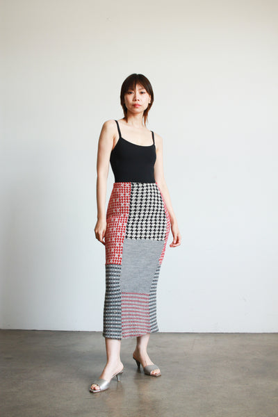 1990s Patchwork Houndstooth Knit Wiggle Skirt