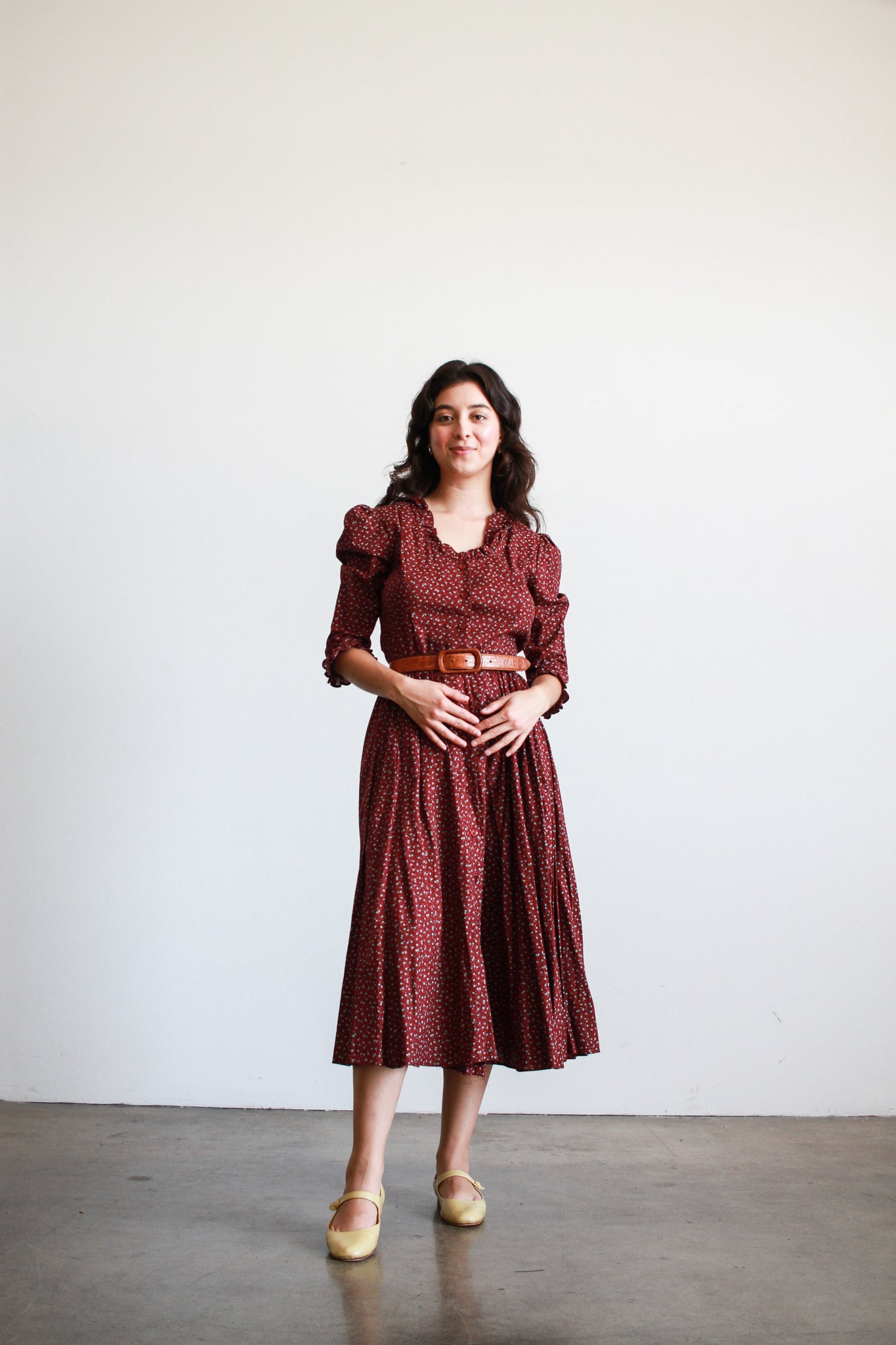 1980s Burgundy Floral Calico Print Midi Dress