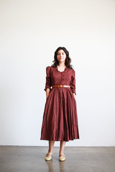 1980s Burgundy Floral Calico Print Midi Dress