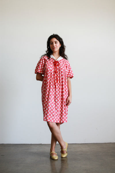 1930s Red Print Cotton Collared Dress