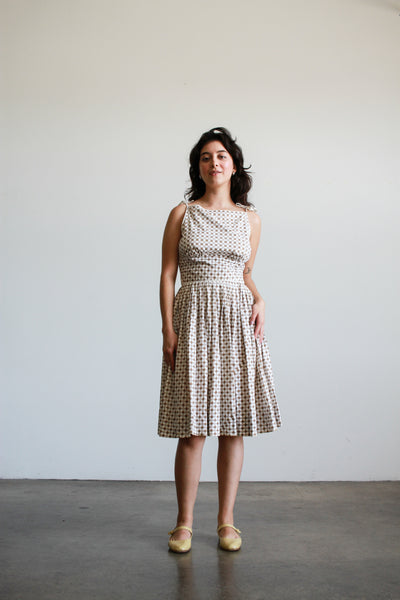 1950s Cotton Basketweave Print Midi Dress
