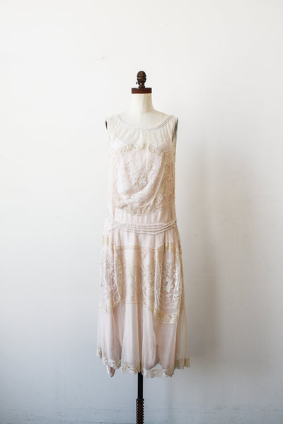 1920s Net Lace Medallion Floral Embroidered Dress