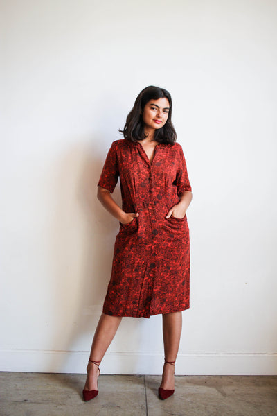 1950s Red Floral Print Cotton Dress