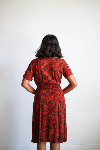 1950s Red Floral Print Cotton Dress
