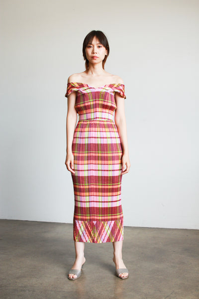 1990s Issey Miyake Berry Plaid Plissé Skirt Set