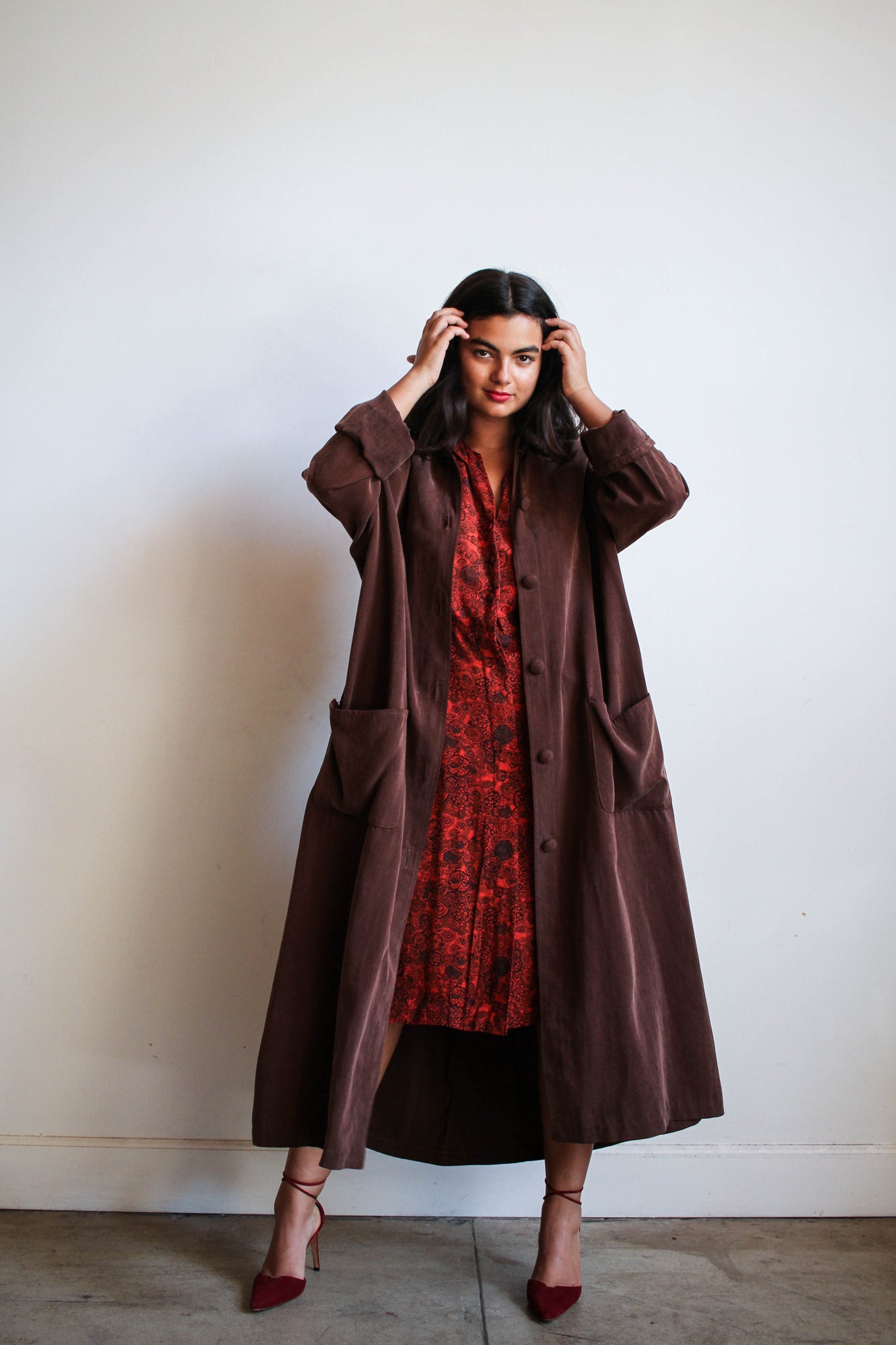 1980s Chocolate Rayon Long Trench Coat